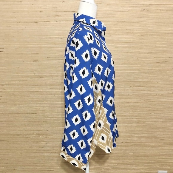 Women’s Blue White Gold Abstract Colorblock Button Front Bell Sleeve Shirt Large - Picture 4 of 8